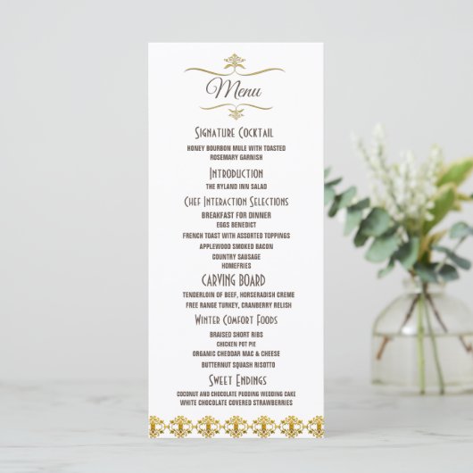 Elegante zwart gouden glitter broche bruiloft menu (Staand voorkant)