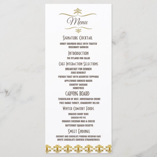 Elegante zwart gouden glitter broche bruiloft menu (Voorkant)