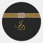 Elegante zwart gouden glitter broche bruiloft ronde sticker (Voorkant)