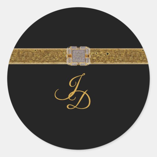 Elegante zwart gouden glitter broche bruiloft ronde sticker (Voorkant)