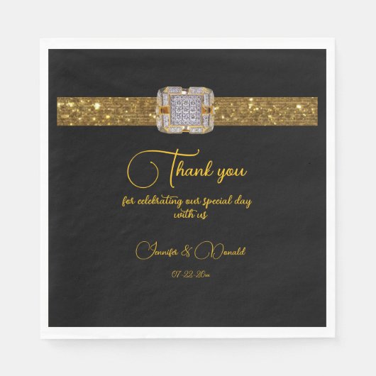 Elegante zwart gouden glitter broche bruiloft servet (Voorkant)