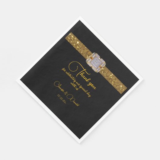 Elegante zwart gouden glitter broche bruiloft servet (Hoek)