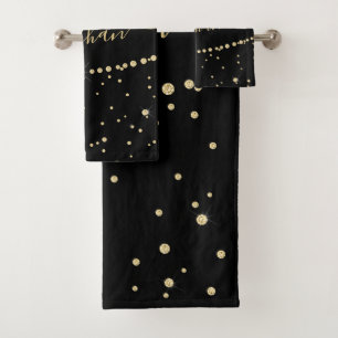 Elegante zwart gouden glitter Confetti Monogrammed Bad Handdoek
