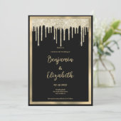 Elegante zwart gouden glitter druppels Bruiloft Kaart (Staand voorkant)