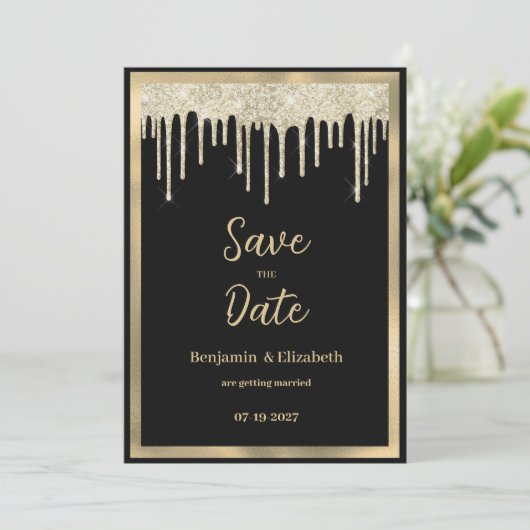 Elegante zwart gouden glitter druppels Save the Da Kaart (Staand voorkant)