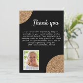Elegante zwart gouden glitter foto verjaardag bedankkaart (Staand voorkant)