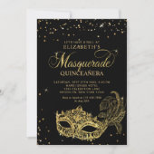 Elegante zwart gouden glitter maskerade quinceañer kaart (Voorkant)