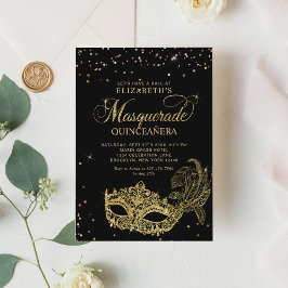 Elegante zwart gouden glitter maskerade quinceañer kaart