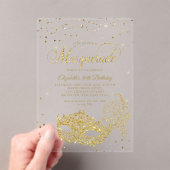 Elegante zwart gouden glitter maskerade verjaardag acryl uitnodigingen (Insitu (Draagbaar))