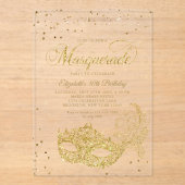 Elegante zwart gouden glitter maskerade verjaardag acryl uitnodigingen (Voorkant)