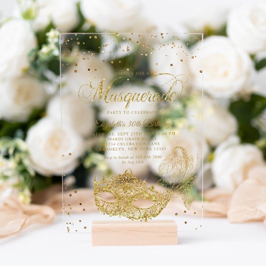 Elegante zwart gouden glitter maskerade verjaardag acryl uitnodigingen