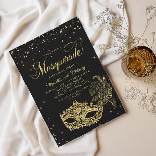 Elegante zwart gouden glitter maskerade verjaardag kaart