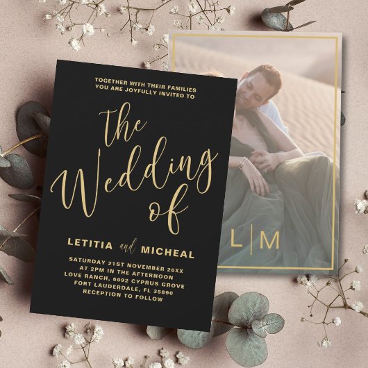 Elegante zwart & gouden kalligrafie bruiloft kaart