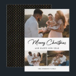 Elegante zwart gouden kalligrafie fotocollage feestdagenkaart<br><div class="desc">Aangepaste zwarte en gouden fotovakantiekaart met een fotocollage aan de voorkant en een zwart-gouden patroon aan de achterkant. Personaliseer deze elegante fotovakantiekaart eenvoudig met uw foto's en de familienaam. Meer beschikbare kleurenopties.</div>