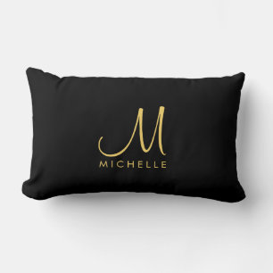 Elegante Zwart & Gouden Kalligrafie Monogram Naam Kussen