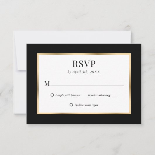 Elegante zwart gouden Lijst bruiloft RSVP Kaartje (Voorkant)