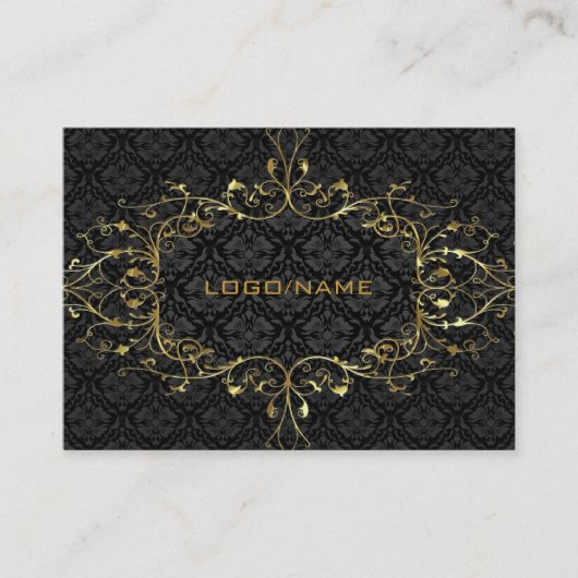 Elegante zwart & gouden look  bloemdamast visitekaartje (Voorkant)