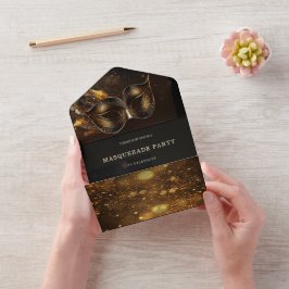 Elegante zwart-gouden maskerade met RSVP All In One Uitnodiging