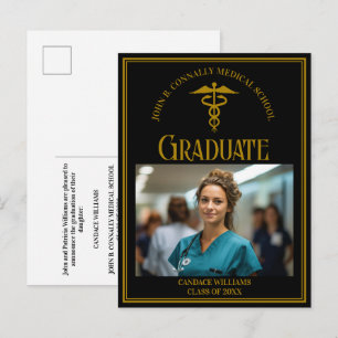 Elegante zwart gouden medische school afstudeerfot aankondigingskaart