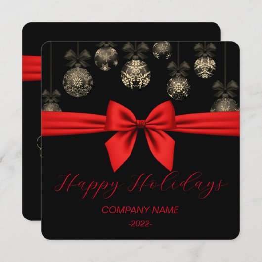 Elegante Zwart-Gouden, Rode Lint Kerstkaart (Voorkant / Achterkant)