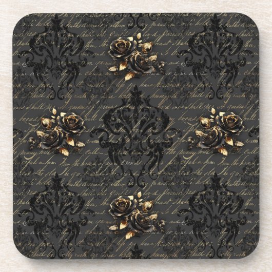 Elegante zwart gouden rozen damast gothic bier onderzetter (Voorkant)