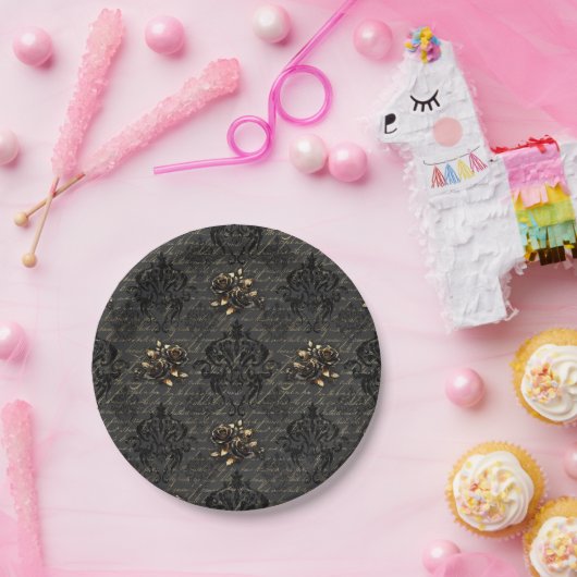 Elegante zwart gouden rozen damast gothic papieren bordje (Feest)