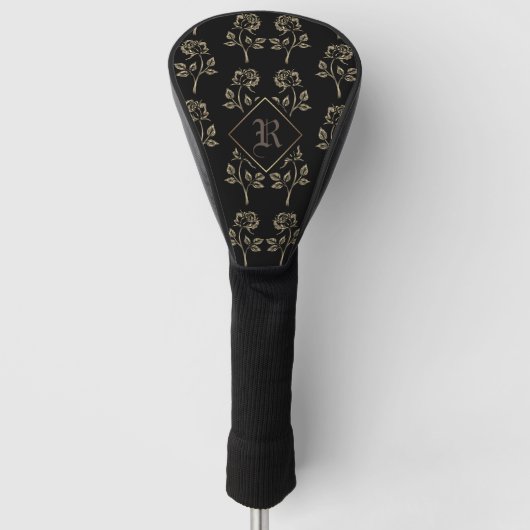 Elegante zwart & gouden Rozen monogram Golfheadcover (Voorkant)