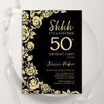 Elegante zwart gouden Rozen verrassen 50ste verjaa Kaart<br><div class="desc">Black Gold Floral Surprise 50e verjaardagsfeest uitnodiging. Elegant ontwerp met rozen,  faux gouden folie en typografisch lettertype. Trendy uitnodigingskaart ideaal voor een stijlvol vrouw bday-feest. Kan worden aangepast aan elke leeftijd. Gedrukte Zazzle-uitnodigingen of direct downloadbare digitale afdrukbare sjabloon.</div>