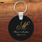 Elegante zwart gouden script MonogramButton Sleute Sleutelhanger (Voorkant)