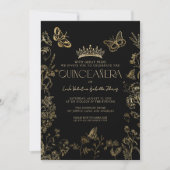 Elegante zwart gouden Vintage Floral Quinceañera Kaart (Voorkant)