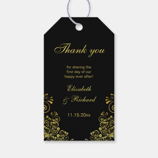 Elegante zwart gouden wervelingen dank u cadeaulabel (Voorkant)