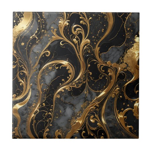 Elegante zwart-gouden wervelingen met marmeren acc tegeltje (Voorkant)