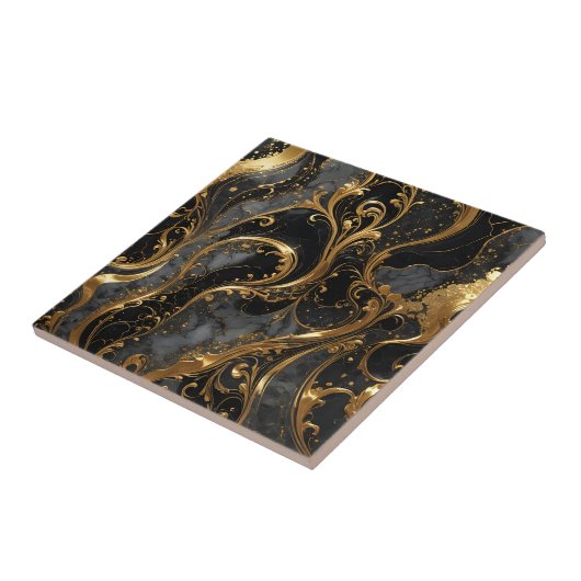 Elegante zwart-gouden wervelingen met marmeren acc tegeltje (Zijkant)