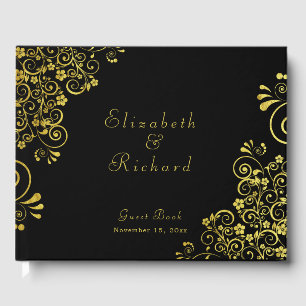 Elegante zwart gouden wervelingen script bruiloft gastenboek