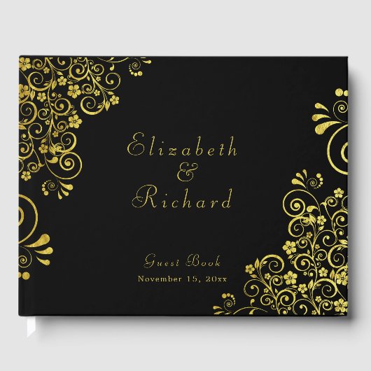 Elegante zwart gouden wervelingen script bruiloft gastenboek (Voorkant)