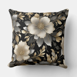Elegante Zwart Grijs Goud Crème Donkere Bloemprint Kussen