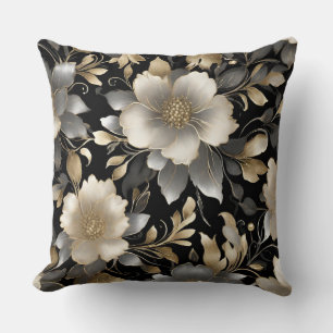 Elegante Zwart Grijs Goud Crème Donkere Bloemprint Kussen