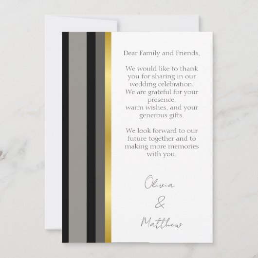 Elegante zwart grijs gouden strepen typografie bru bedankkaart (Achterkant)