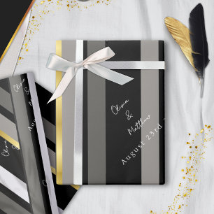 Elegante zwart grijs gouden strepen typografie bru cadeaupapier