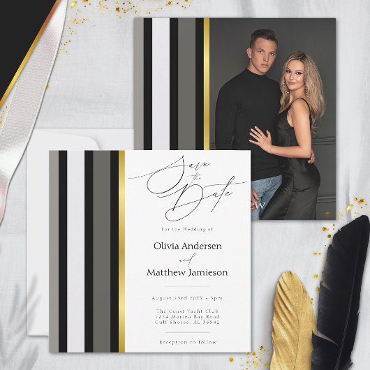 Elegante zwart grijs gouden strepen typografie bru save the date
