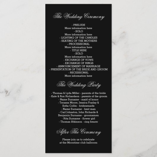 Elegante zwart grijs wit bruiloft programma's (Achterkant)