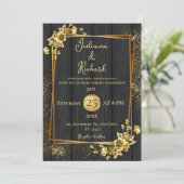 Elegante Zwart Hout & Goud Bloemen bruiloft uitnod Kaart (Staand voorkant)