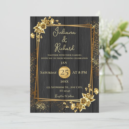 Elegante Zwart Hout & Goud Bloemen bruiloft uitnod Kaart (Staand voorkant)