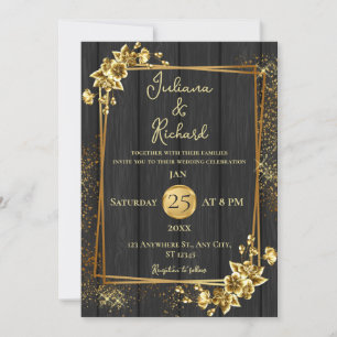 Elegante Zwart Hout & Goud Bloemen bruiloft uitnod Kaart