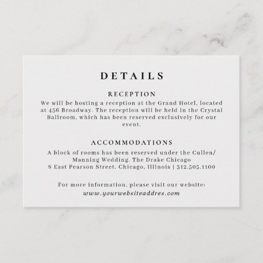 Elegante zwart marmer bruiloft informatie informatiekaartje (Voorkant)