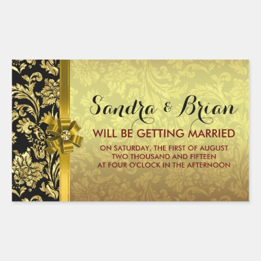 Elegante zwart & metallic gouden damast rechthoekige sticker (Voorkant)