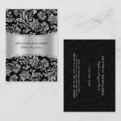 Elegante zwart & Metallic zilver bloemdamast 2 Visitekaartje (Voorkant / Achterkant)