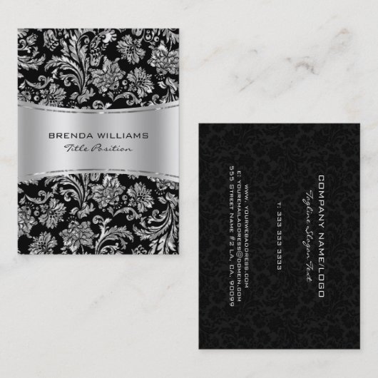 Elegante zwart & Metallic zilver bloemdamast 2 Visitekaartje (Voorkant / Achterkant)