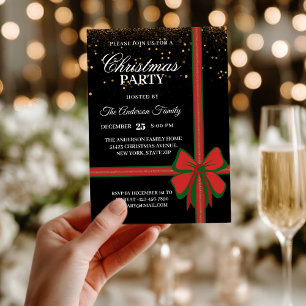 Elegante Zwart Rode Strik Kerst Vakantie Feest Kaart