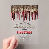 Elegante zwart rood goud druppels glitter verjaard acryl uitnodigingen (Insitu (Draagbaar))